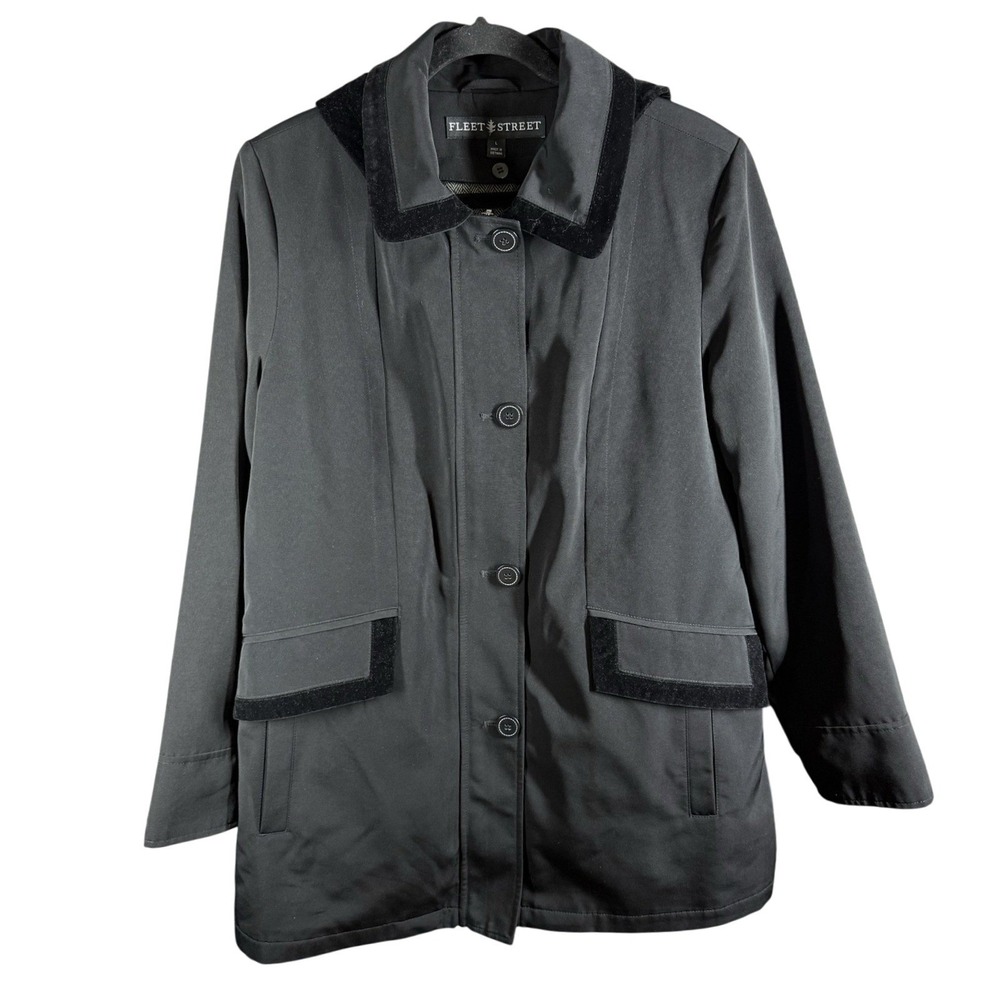 Fleet Street Jacket Womens Large‎ Black Button Front Hooded Velvet Trim
